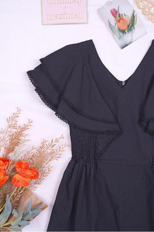 Fine V Neck Lace Trim Butterfly Sleeve Shirred Waist Playsuit (Black)